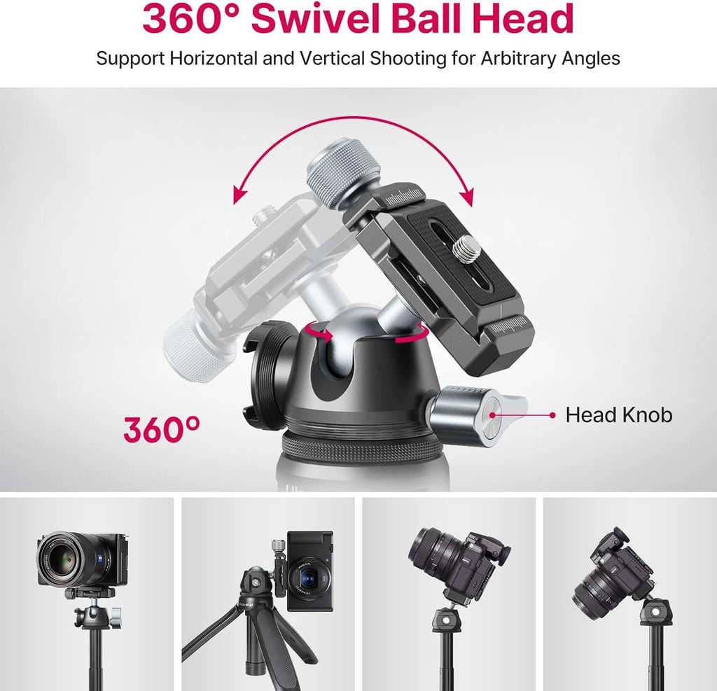 ULANZI MT-47 Camera Tripod Aluminum Alloy Mini Travel Phone Tripod Stand Compact Desktop Tripod for DSLR, 360° Ball Head with 1/4 inch Arca Quick Release Plate Cold Shoe Portable Vlog Selfie Stick