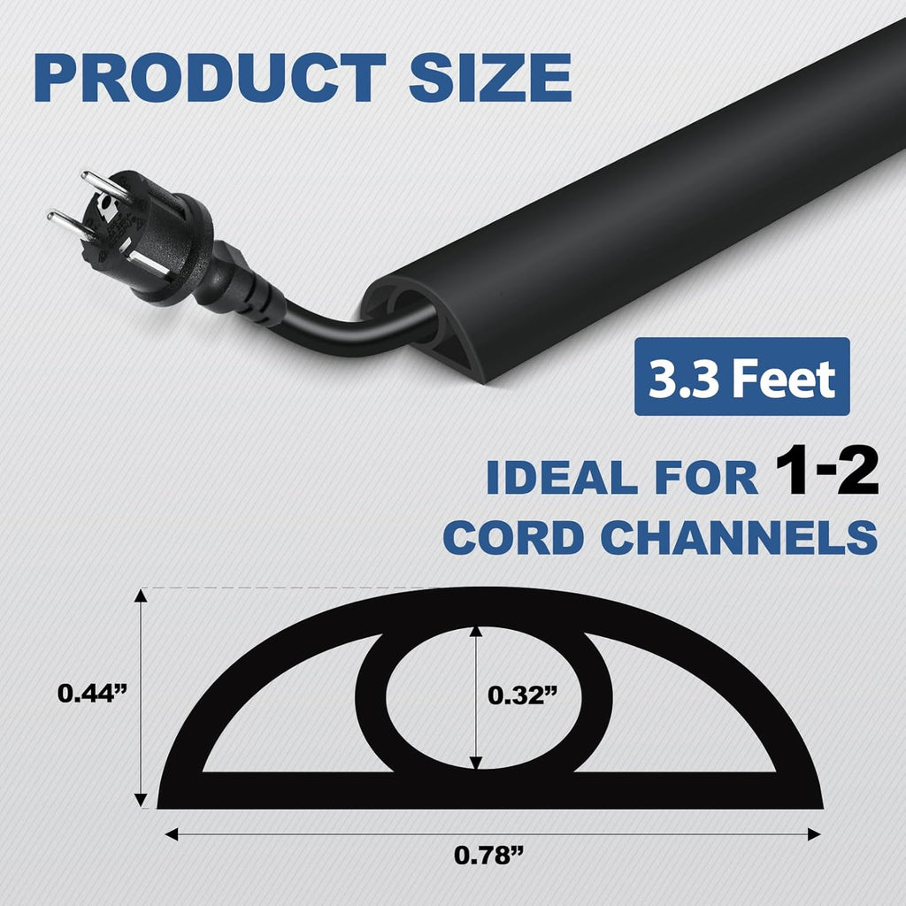 Floor Cord Cover for Wires on Floor Self Adhesive Cord Hider Floor Cable Management Wire Covers for Cords Protector Prevent Cable Trips Cord Cavity W 0.32" x H 0.32", Black, 3.3Ft