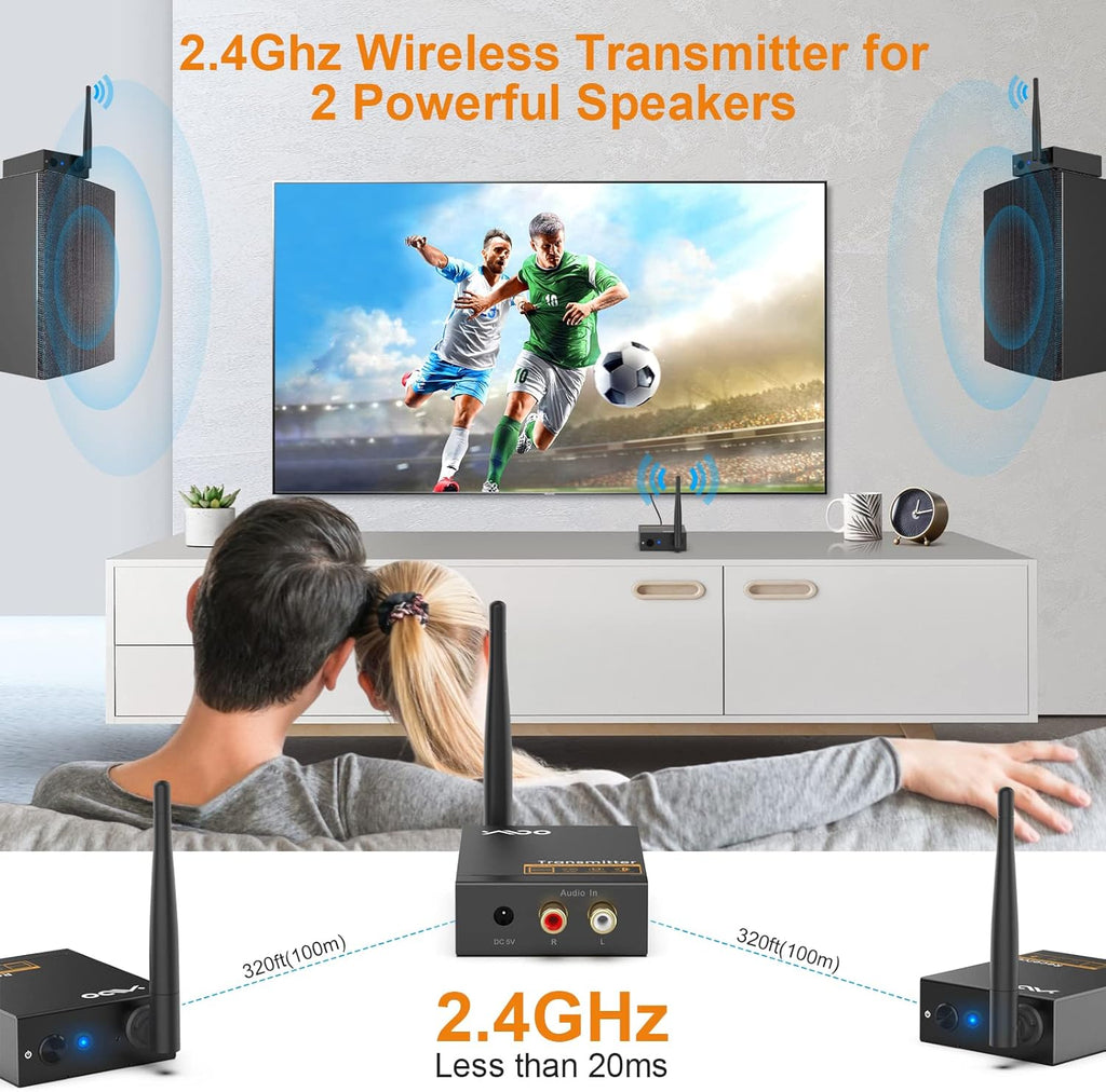 YMOO 3 in 1 2.4Ghz Wireless Audio Transmitter and Receiver,2 Receivers for Two Speakers,20ms Ultra Low Latency,192kHz/24bit HiFi,320ft Range RCA Jack Wireless Adapter for TV/Speaker/PC/Home Stereo