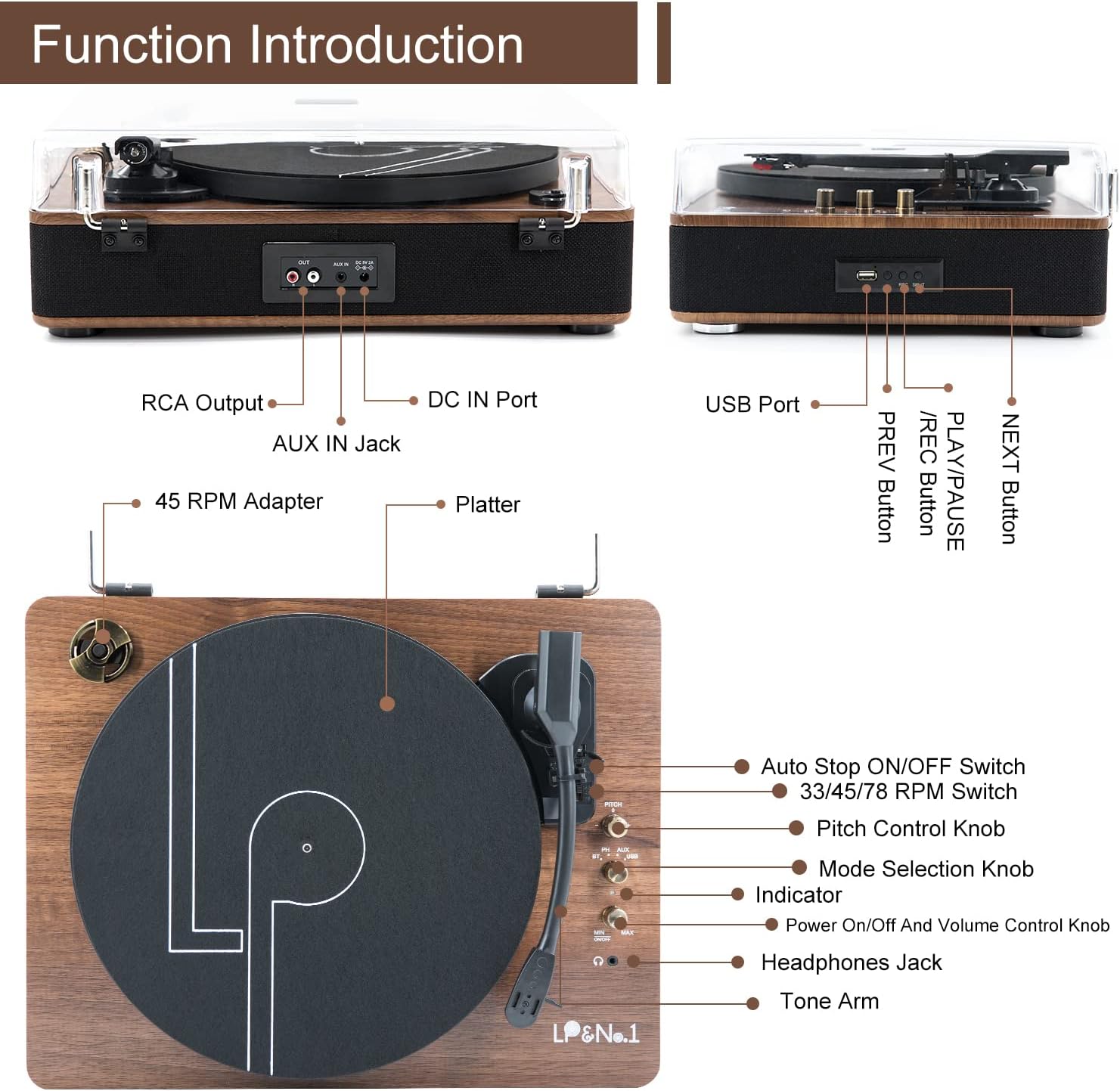 LP&No.1 Record Player with Stereo Speakers, 3-Speed Belt-Drive Turntable for Vinyl Records with Wireless Playback and Auto-Stop,Walnut Wood