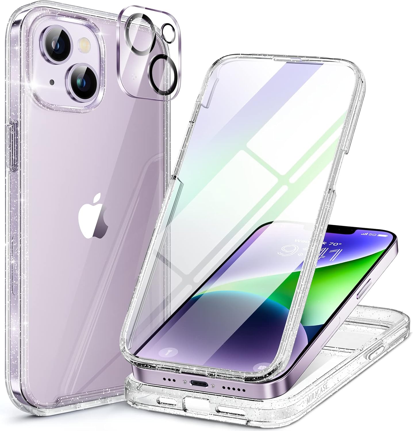 Miracase Designed for iPhone 14 Case 6.1 inch, [Built-in Tempered Glass Screen Protector] [Bubble Free] Full-Body Protective Bumper Phone Case with Camera Lens Protector, Clear Glitter