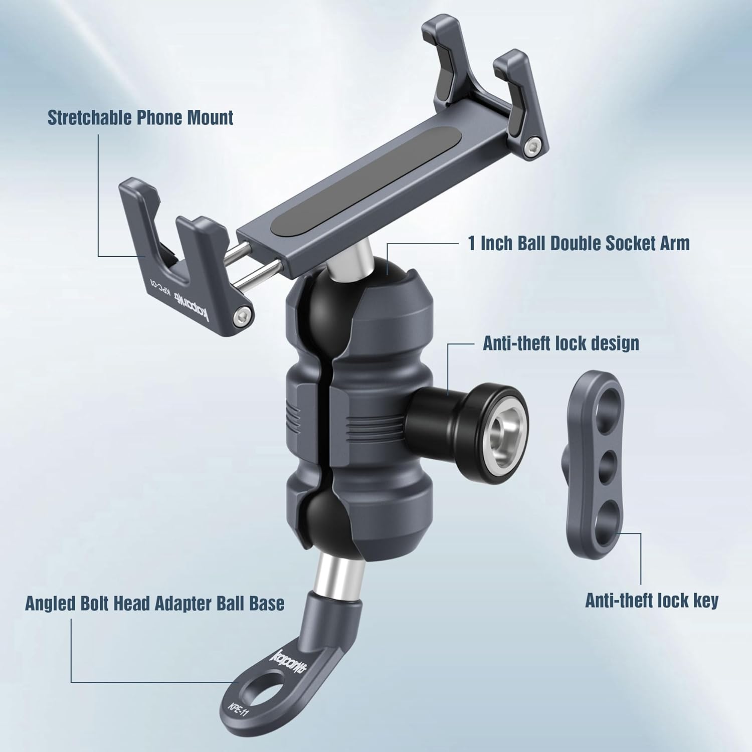 Motorcycle Phone Clip Kit, Anti-Theft Double Socket Arm/Angled Bolt-Head Adapter Ball Base for Mirrors Lever or Round Bar, Suitable for Width of 2.56-3.74" Phone (KPS-04)