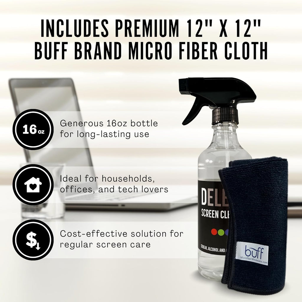 Delete Screen Cleaner Spray Kit, 16oz Bottle and 12"x12" Microfiber Cleaning Cloth, Streak-Free, Safe and Gentle Formula, Multi-Purpose for Devices, Large TVs, Computers, Monitors, Smart Phones