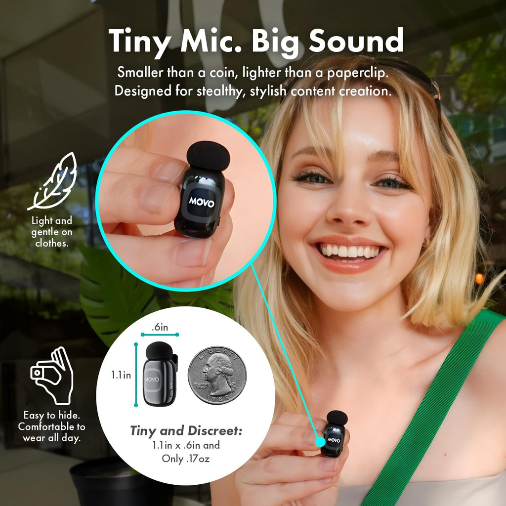 Movo NanoMic Wireless Lavalier Microphone for Camera – Clip-On TRS Wireless Mic System for DSLR, Camcorders, and Mirrorless Cameras – Dual Microphones with Charging Case for Video, Interviews