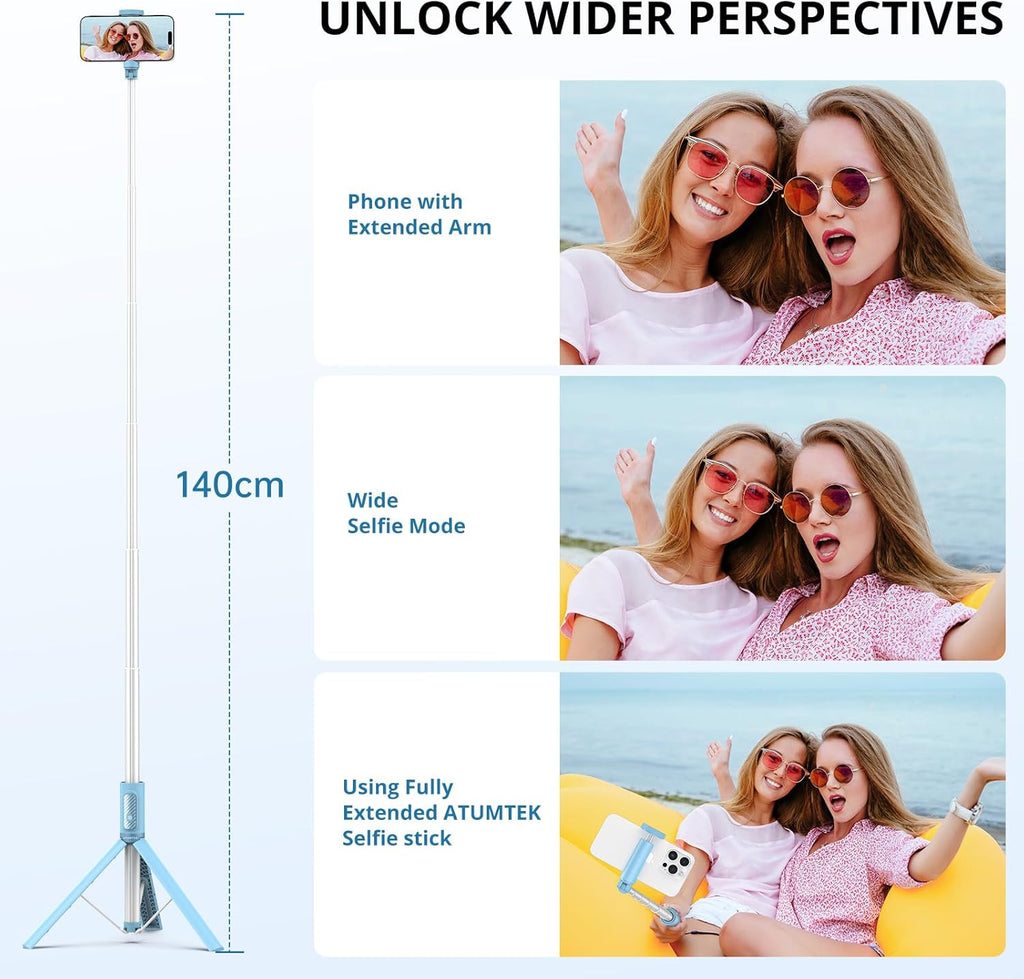 ATUMTEK 55" Selfie Stick Tripod, All-in-one Extendable Aluminum Phone Tripod with Rechargeable Bluetooth Remote for iPhone and More, Fit 4.7-7 inch Smartphones, Blue