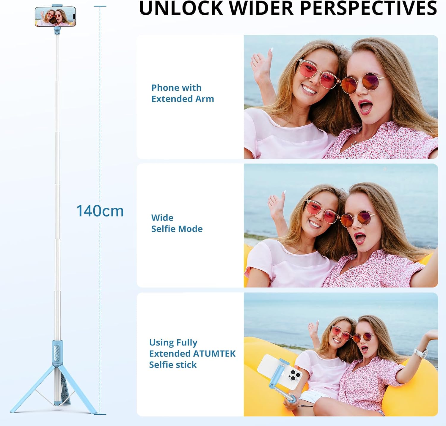 ATUMTEK 55" Selfie Stick Tripod, All-in-one Extendable Aluminum Phone Tripod with Rechargeable Bluetooth Remote for iPhone and More, Fit 4.7-7 inch Smartphones, Blue
