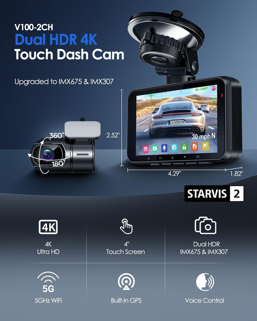 4K Dash Cam Front and Rear STARVIS 2 IMX675 & IMX307 Dual HDR, 4" Touch Screen Dash Camera Built-in GPS 5G WiFi, Car Camera with 64G Card, Voice Control, Night Vision, Parking Mode V100-2CH