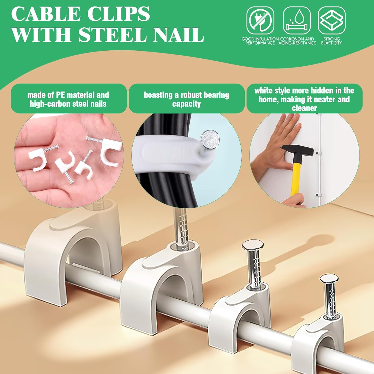 800Pcs 4mm 6mm 8mm 10mm J-Hook Ethernet Cable Nails Wire Clips with Steel Nails and 5/8" 3/4" 1/2" 1" Insulated U Staple Nail for Home Office Business