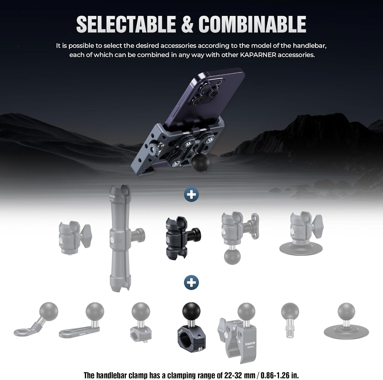 Motorcycle Phone Mount Kit, Anti-Theft Dual Socket Arm, 360° Rotate Phone Clip and Aluminum Handlebar Clamp Mount U-Bolt Base for Bike/ATV/Scooter Handlebar for 5.5-7" Smartphone (KPS-19)