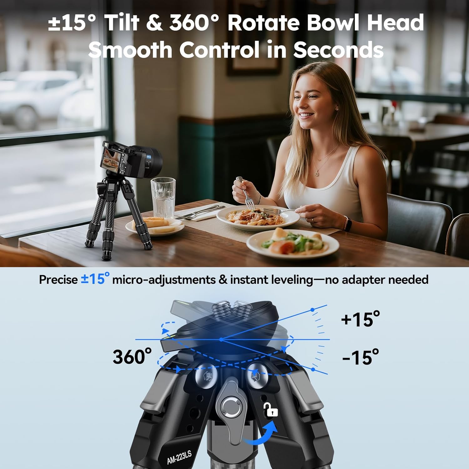 SIRUI Carbon Fiber Mini Tripod with Bowl Base, 33lbs Max Load, Ultra-Lightweight 1.63lbs, 8.82in Folded, 360° Panorama & ±15° Tilt for Camera/Phone/Vlogging（AM-223LS）