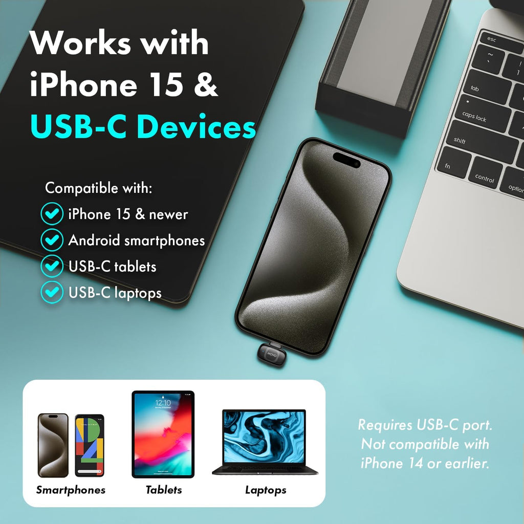 Movo NanoMic Dual USB-C Wireless Microphone for iPhone 15/16 and Up, Android, iPad Pro & Laptops – Wireless Lavalier Mic for USB-C Smartphones & Devices, Great for Vlogging & TikTok