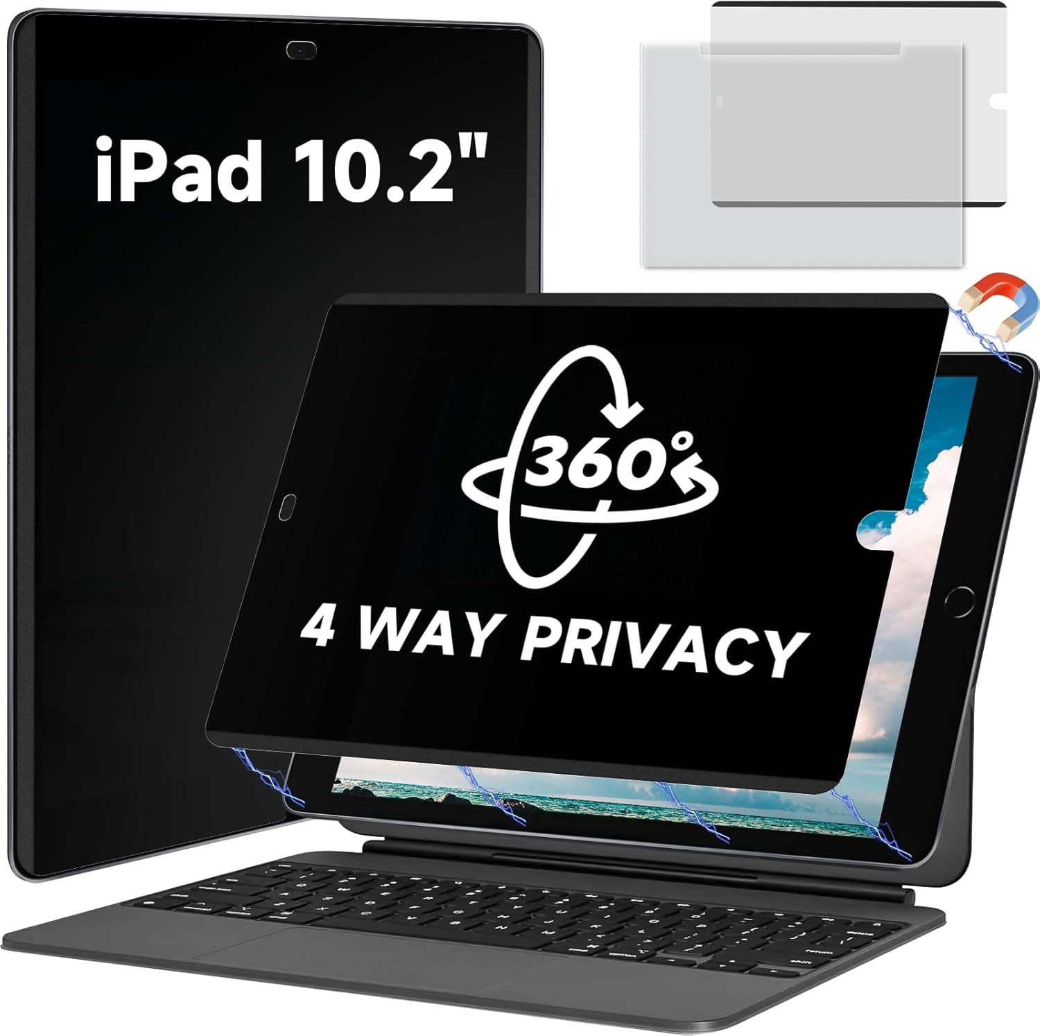 Magnetic 360° Privacy Screen Protector Compatible with iPad 9th 8th 7th Gen 10.2'' Anti Glare Blue Light Filter, Bubble-Free Shield, Fingerprint-Proof Guard, Reusable Anti-Scratch Film, Anti-Spy Cover