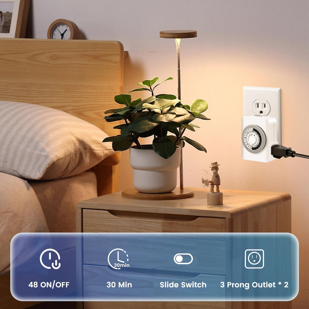 Outlet Timer,Timers for Electrical Outlets Indoor with 3-Prong Dual Outlet,24-Hour 30 Minute Daily On/Off Cycle, Plug-in Mechanical Timers for Christmas Lights, Lamps, Grow Light (2-Pack)
