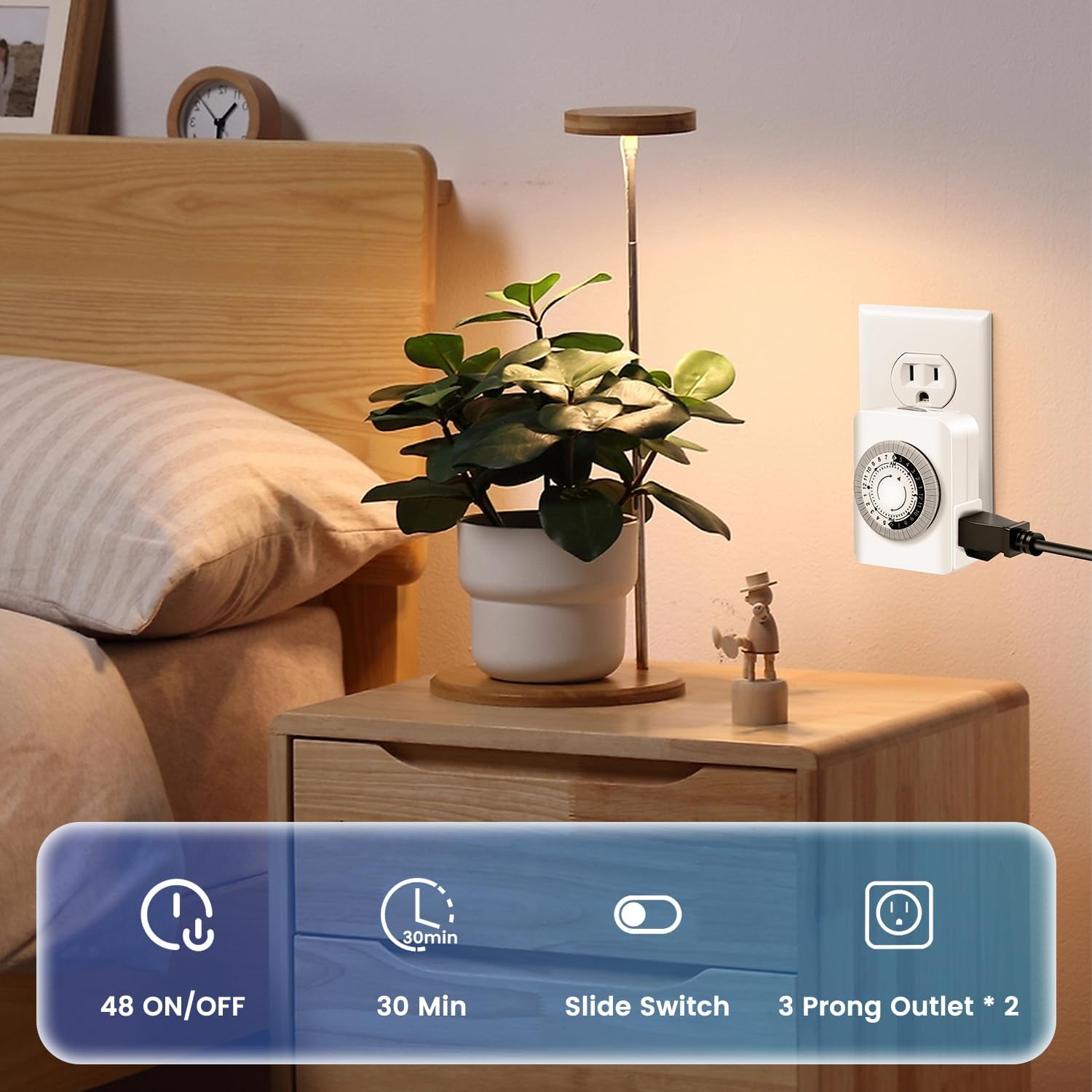 Outlet Timer,Timers for Electrical Outlets Indoor with 3-Prong Dual Outlet,24-Hour 30 Minute Daily On/Off Cycle, Plug-in Mechanical Timers for Christmas Lights, Lamps, Grow Light (2-Pack)