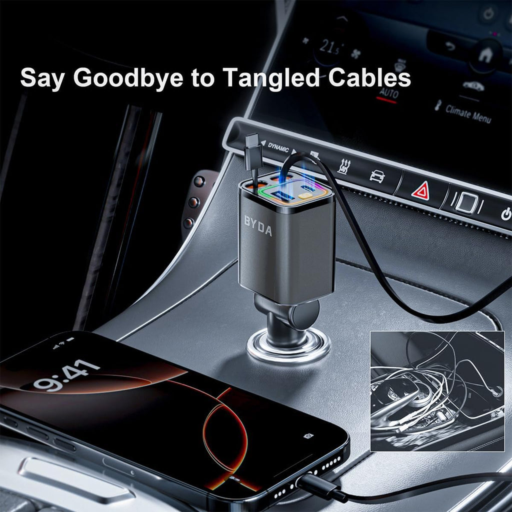 Retractable Car Charger, 4 in 1 Fast Charging USB-C & USB-A Compatible with iPhone 16/15/14/13/12/11 Pro Max, 69W Fast Car-Charger Cigarette Lighter Adapter for Galaxy, Pixel (Light-ning+USB-C) Grey