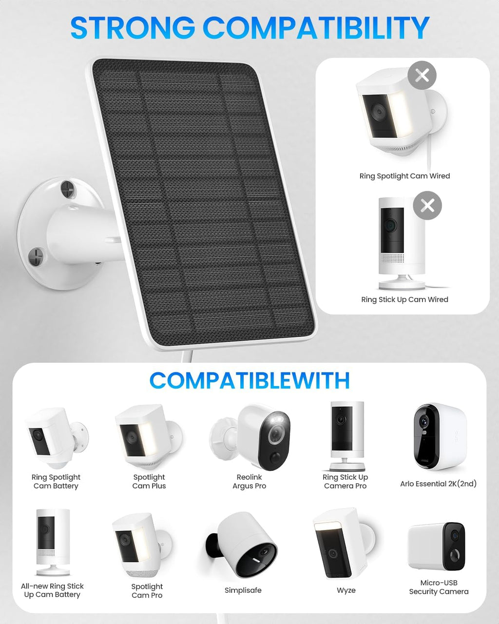 5W Solar Panel for Ring Camera, Solar Panel Charger Compatible with Ring Spotlight Plus/Pro Stick Up Outdoor Cam Battery, 9.8ft Cable with USB-C to Barrel Plug Adapter & Micro-USB Adapter, 3 Pack