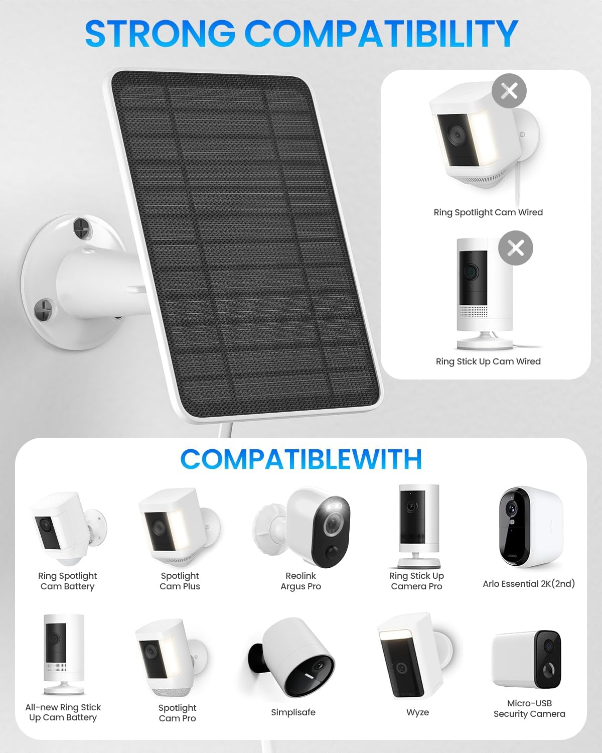 5W Solar Panel for Ring Camera, Solar Panel Charger Compatible with Ring Spotlight Plus/Pro Stick Up Outdoor Cam Battery, 9.8ft Cable with USB-C to Barrel Plug Adapter & Micro-USB Adapter, 3 Pack