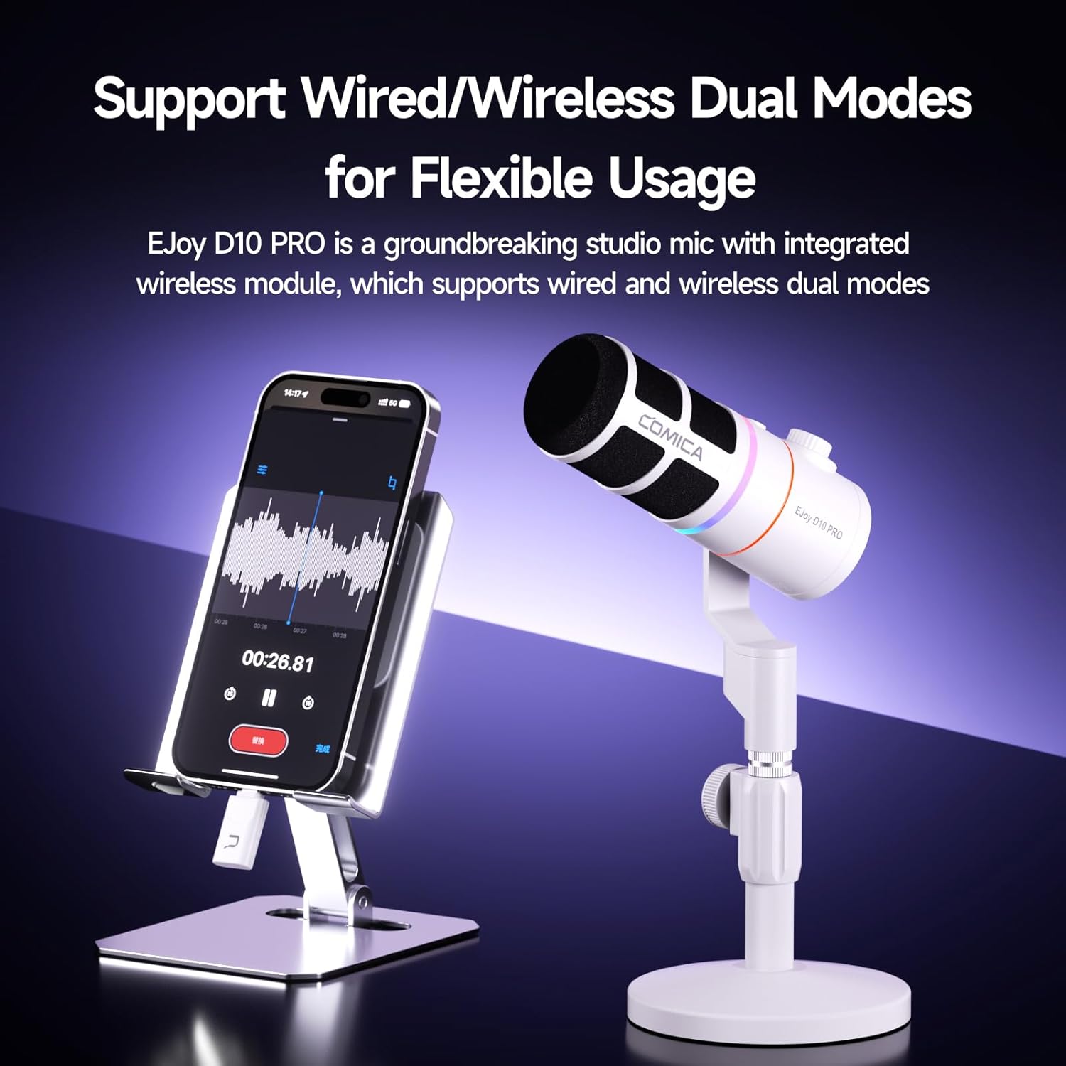EJoy D10 PRO(D) Wireless USB Gaming Microphone – RGB Dynamic Mic with Wired/Wireless Modes, XLR/USB-C, Real-Time Monitoring, 45H Battery, Studio Mic for Gaming, Streaming, Podcast, Recording (White)