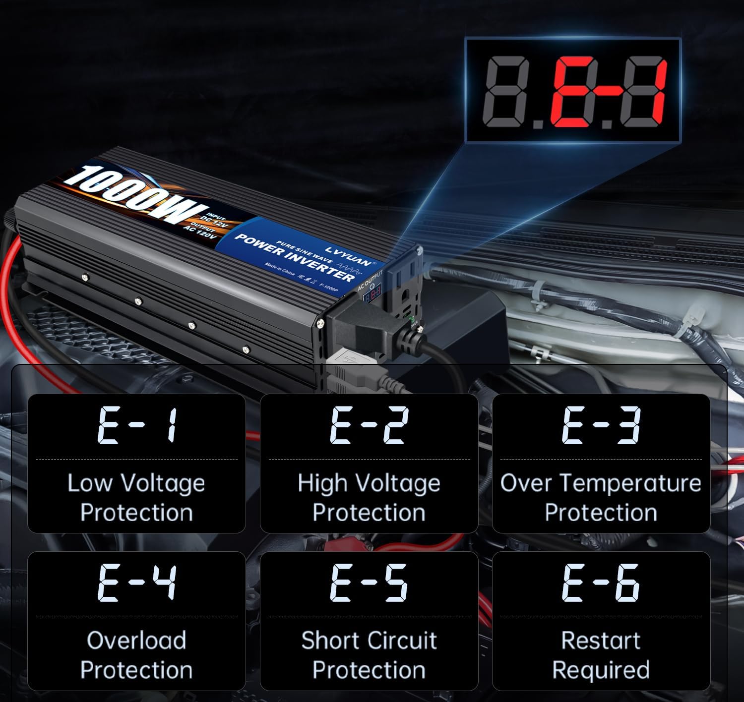 LVYUAN 1000 Watt Pure Sine Wave Power Inverter 12V to 110V/120V DC to AC Converter with Dual Sockets, Dual USB Ports, LED Display for Home Outdoor RV Car Power Inverter Power Adapter