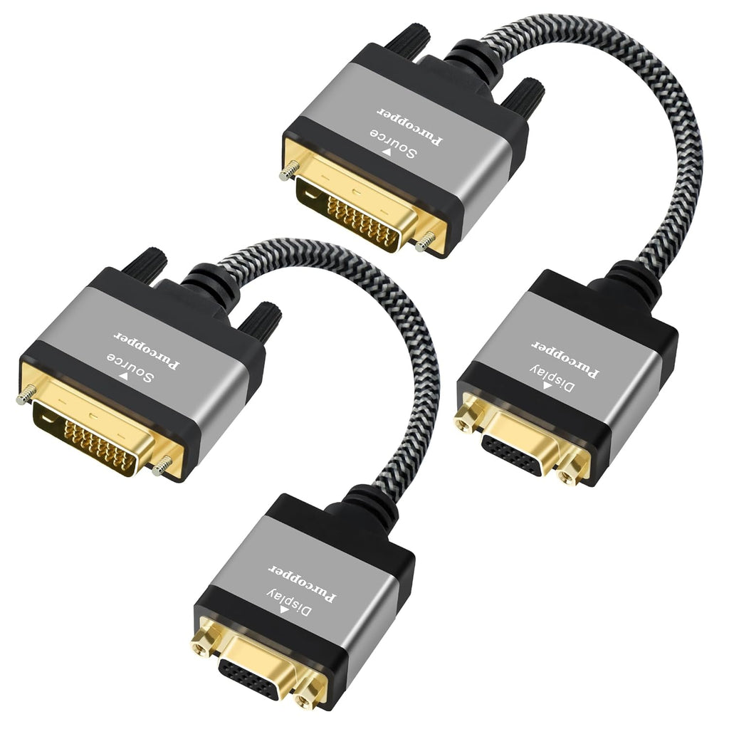 Active Digital Signal DVI to VGA Cable Adapter 2Pack, DVI-D 24+1 (24+5) Male (Source) to VGA Female (Screen) Braided Cord Converter Connector for Monitor, PC, Raspberry Pi, Desktop, Laptop, Projector