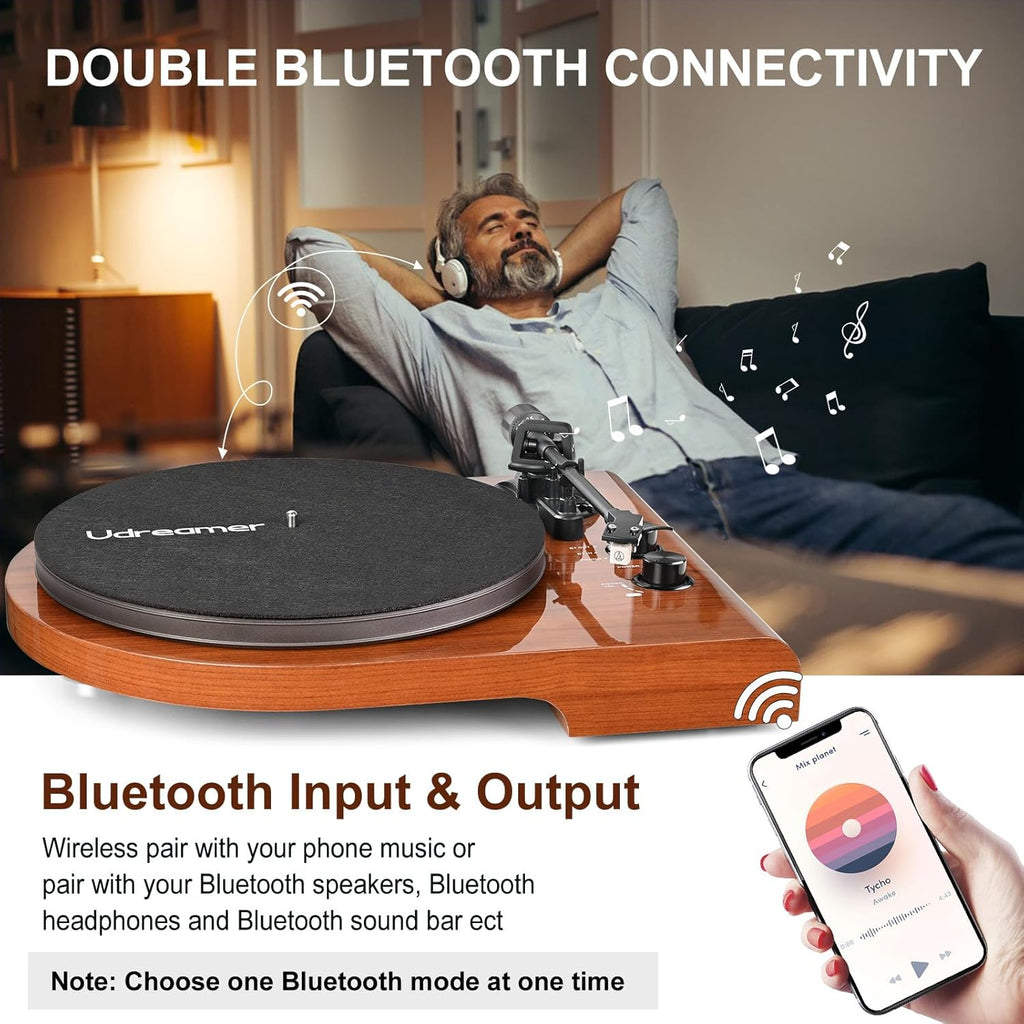 Vinyl Record Player with Bluetooth Input Output,Turntable with Built-in Preamp,USB Recording,Speed Adjustment,Counterweight and Moving Magnet Stylus,Upgraded Single-Platter Design (No Sub-Platter)