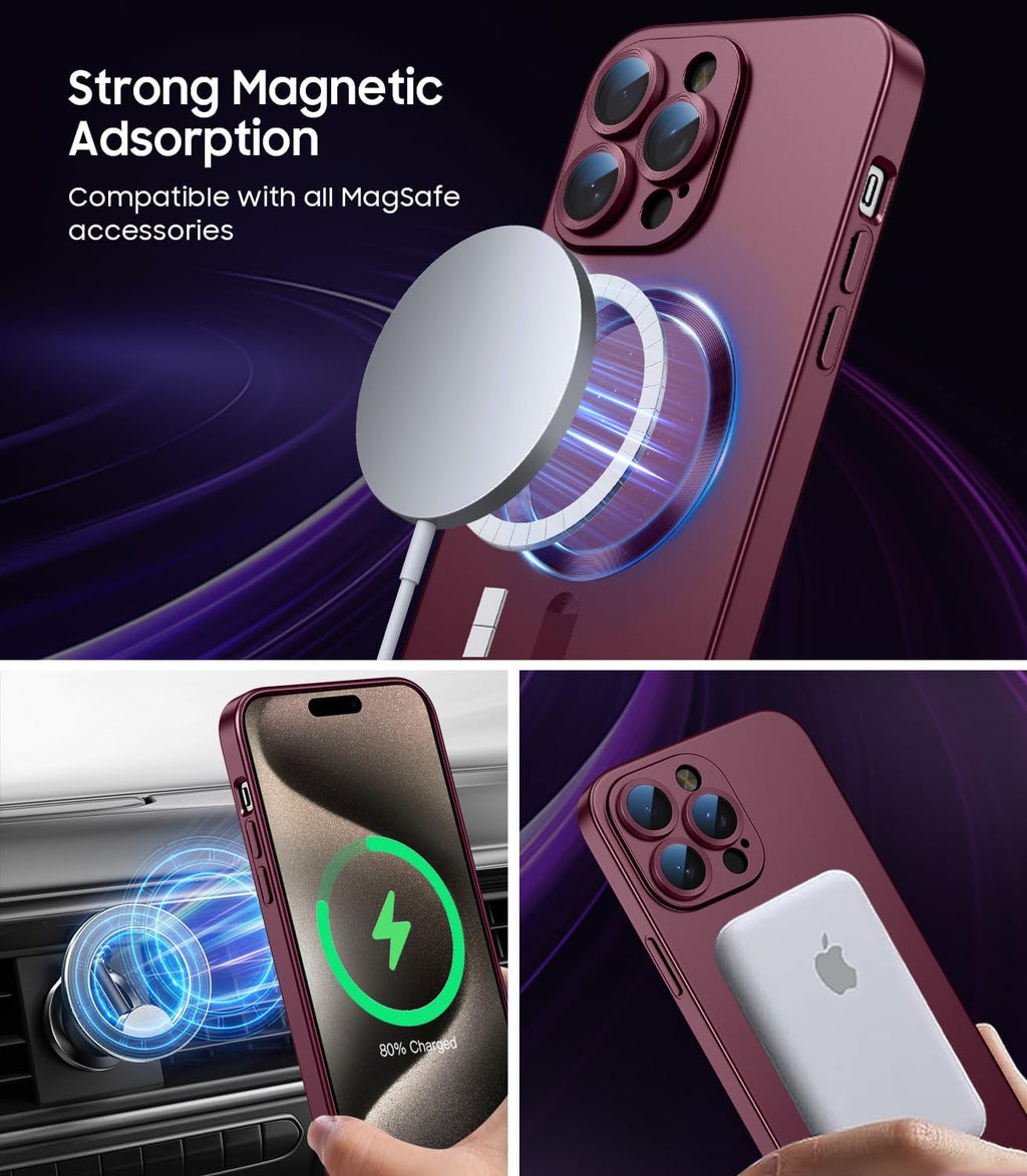 Magnetic for iPhone 15 Pro Case [Compatible with MagSafe][Built-in Camera Lens Protector] Slim Soft Silicone Bumper Shockproof Metallic Shine Phone Case (Burgundy)