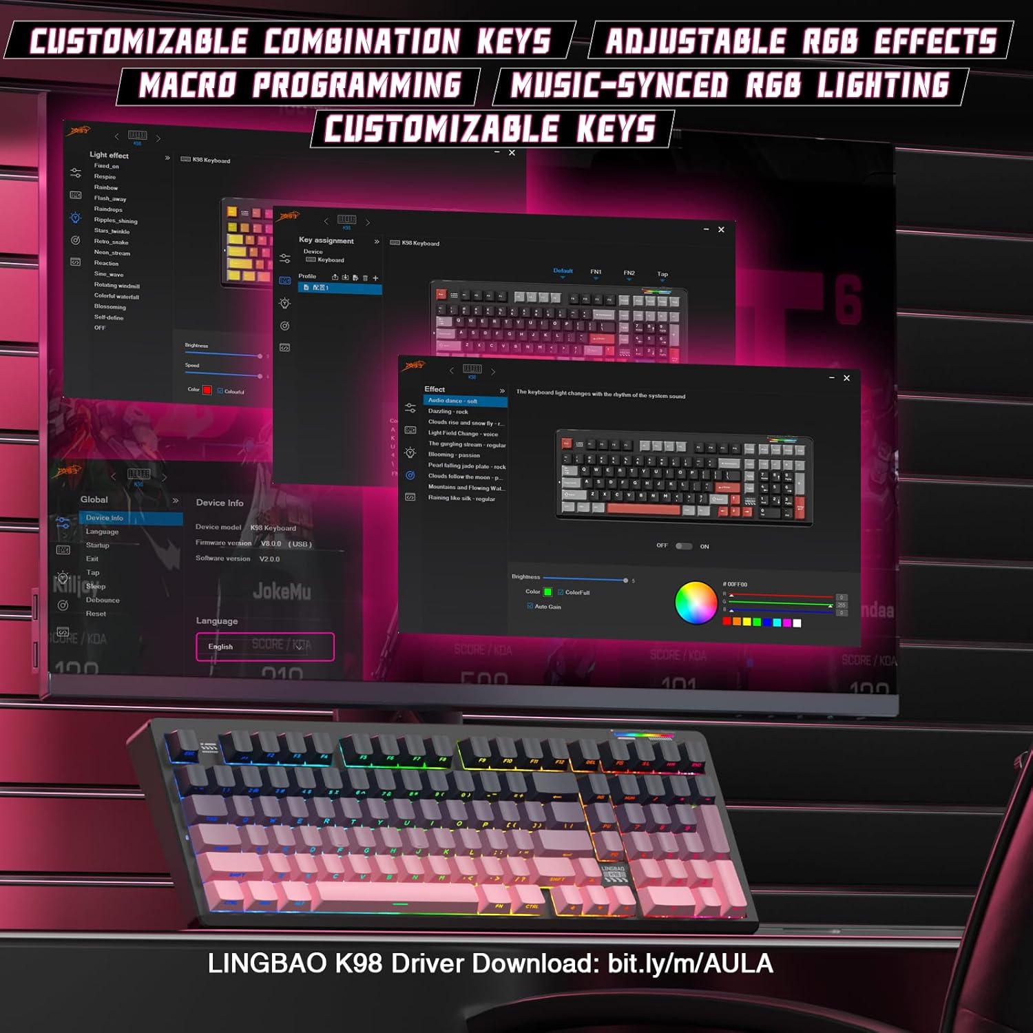 LINGBAO K98 Wireless Mechanical Gaming Keyboard, Tri-Mode BT5.0/2.4GHz/USB-C, Creamy Keyboard with Number Pad, Hot Swappable Gasket Custom Linear Switches RGB Backlit Keyboards for Win/Mac/PC/Laptop