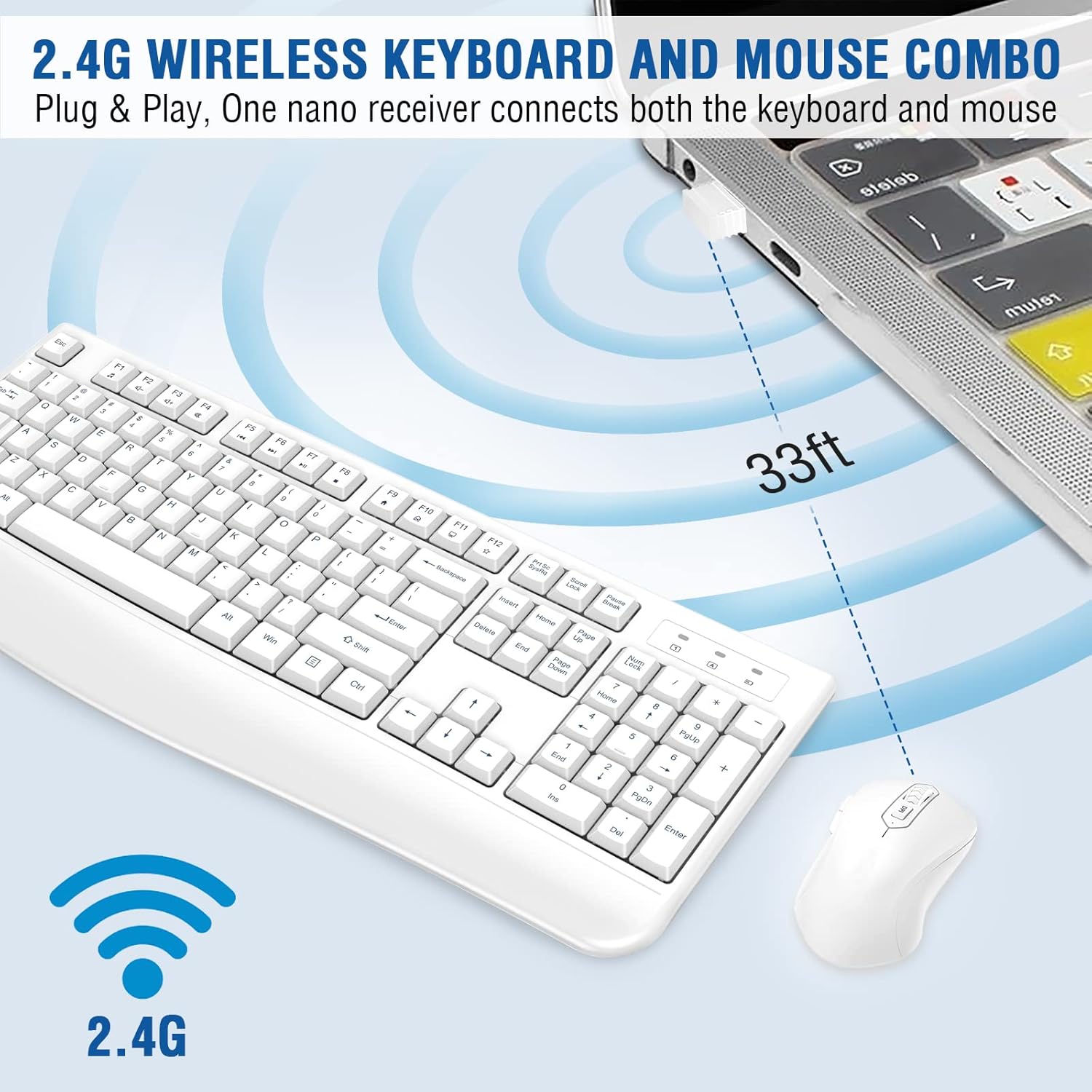 Wireless Keyboard and Mouse Combo, EDJO Full-Sized Ergonomic Computer Keyboard with Wrist Rest and 3 Level DPI Adjustable Wireless Mouse for Windows, Mac OS Desktop/Laptop/PC (White)