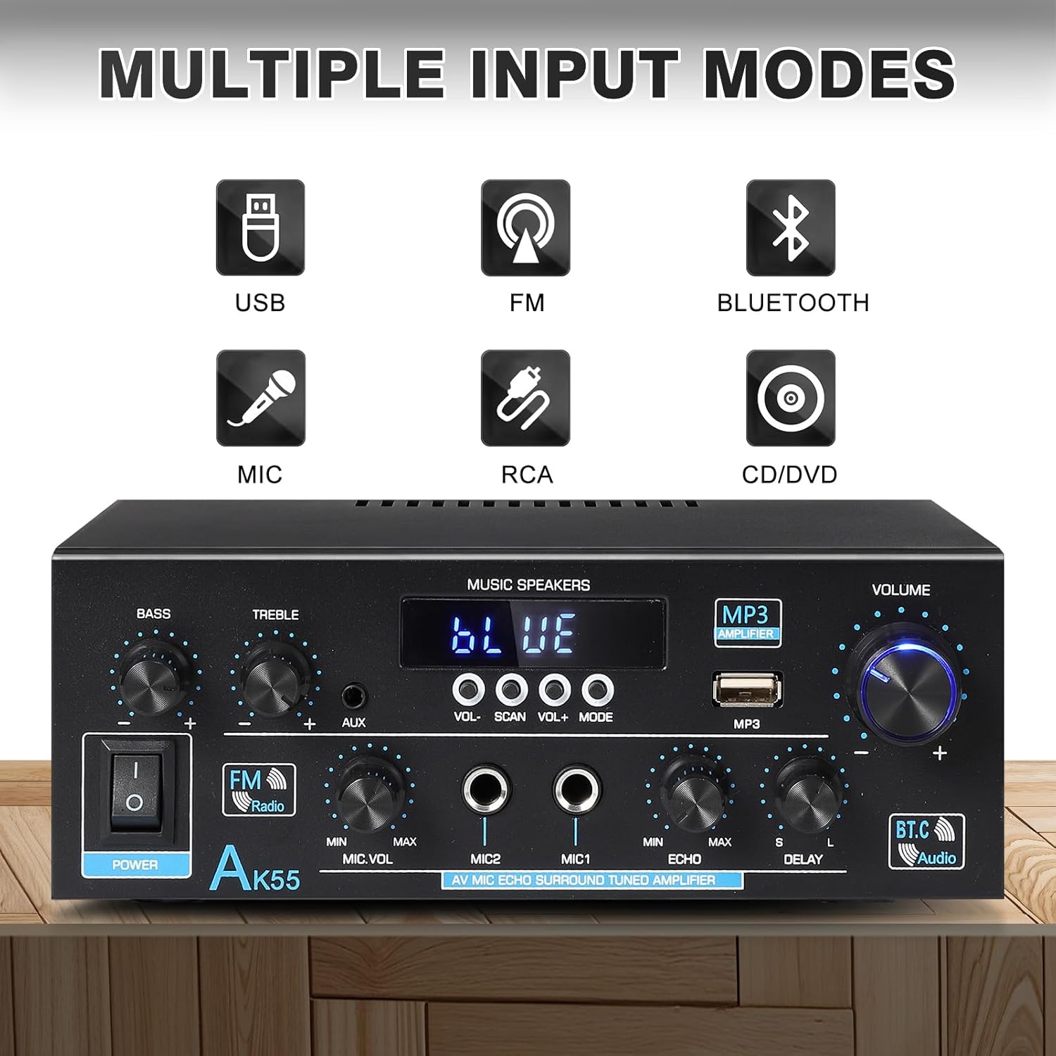 AK55 Bluetooth 5.0 Amplifier Home Audio,2.0 Channel Max 450W Power Stereo Amplifier Receiver w/USB/AUX/RCA/Opt/COA /2 MIC in for Home Theater Speakers