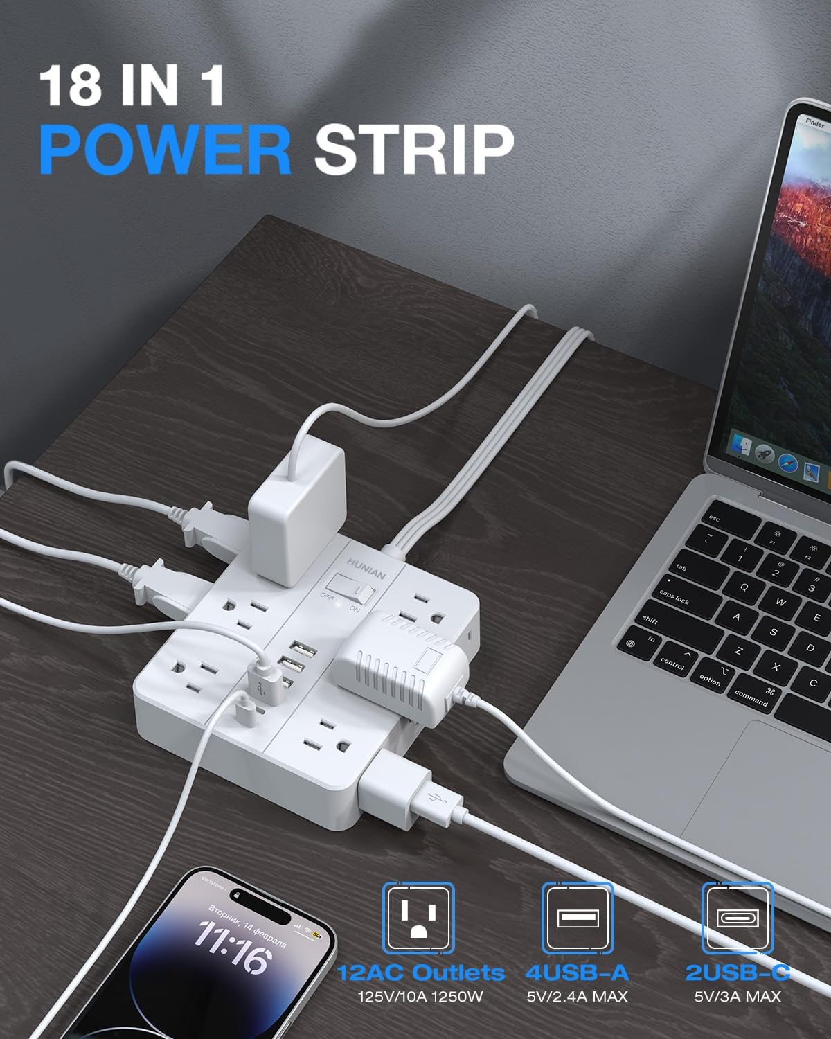 Flat Plug Power Strip Surge Protector, Flat Extension Cord Indoor 20 Feet， HUNIAN 12 Widely Spaced Outlets with 6 USB (2 USB C Ports), Desk Charging Station for Home Office Supplies, White