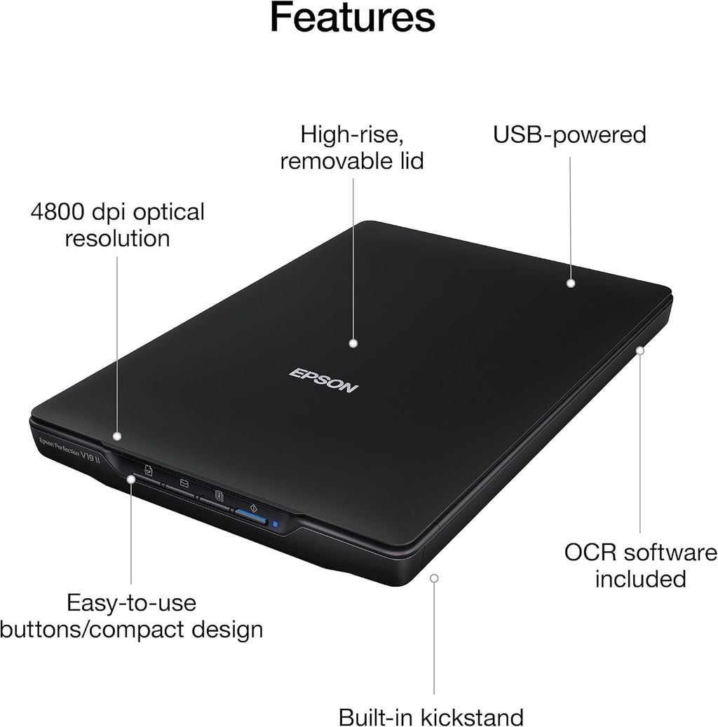 Epson Perfection V19 II Color Photo and Document Flatbed Scanner with 4800 dpi Optical Resolution, USB Power and High-Rise, Removable Lid