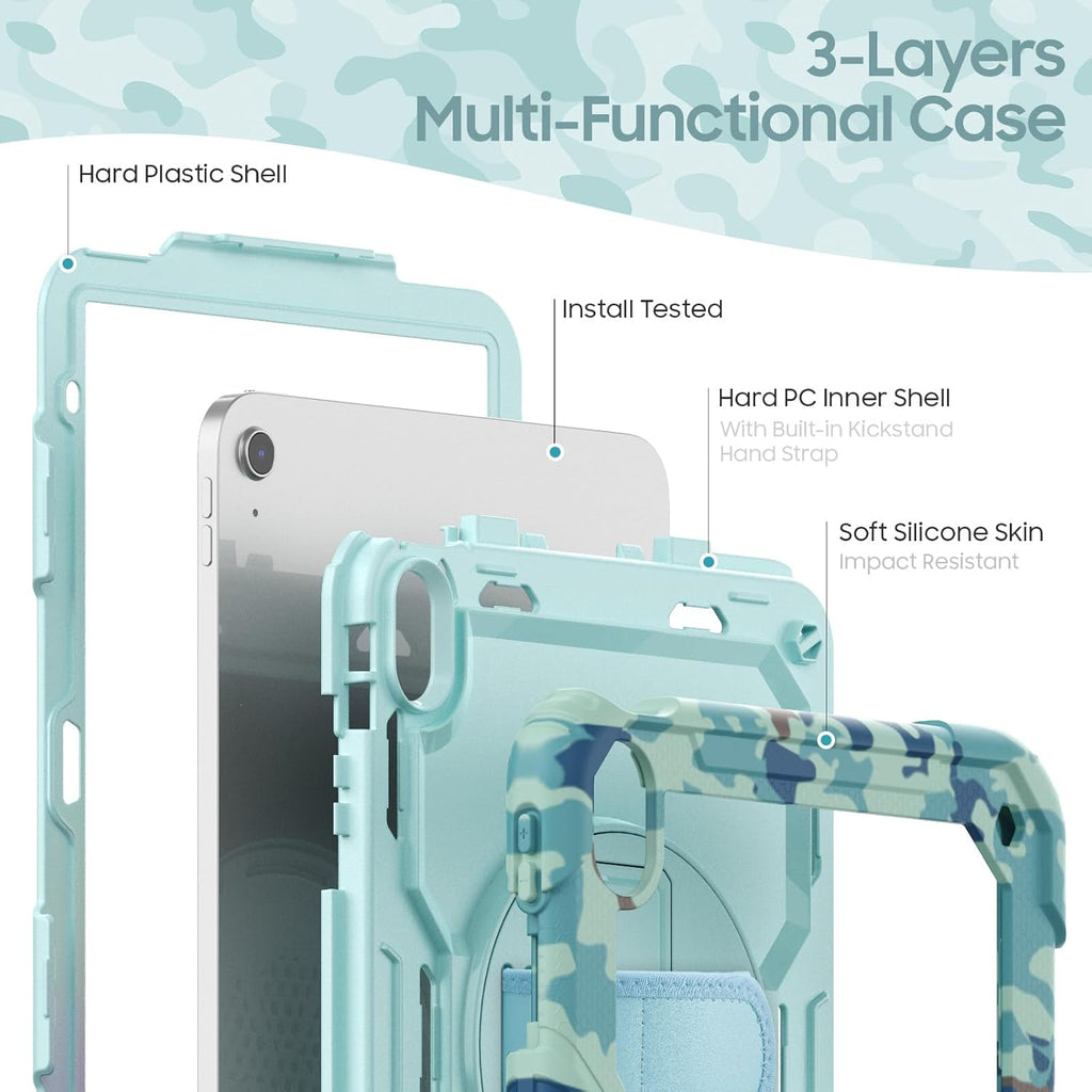 SCSVPN Kids Case for iPad (A16) 11th/10th Generation 11/10.9 inch 2025/2022, Shockproof Rugged Cute Rainbow Cover for iPad 11/10 with Pencil Holder, 360 Rotating Stand, Hand/Shoulder Strap, Camo Blue