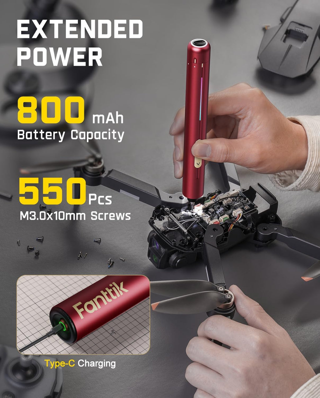 Fanttik E2 Ultra Mini Electric Screwdriver, Cordless Screwdriver, Max 0.6N.m, 50 Magnetic Bits, 5/32'' Hex, Magnetic Storage, Repair Tool for Electronics, Camera, Laptop, and PC Build (Red)
