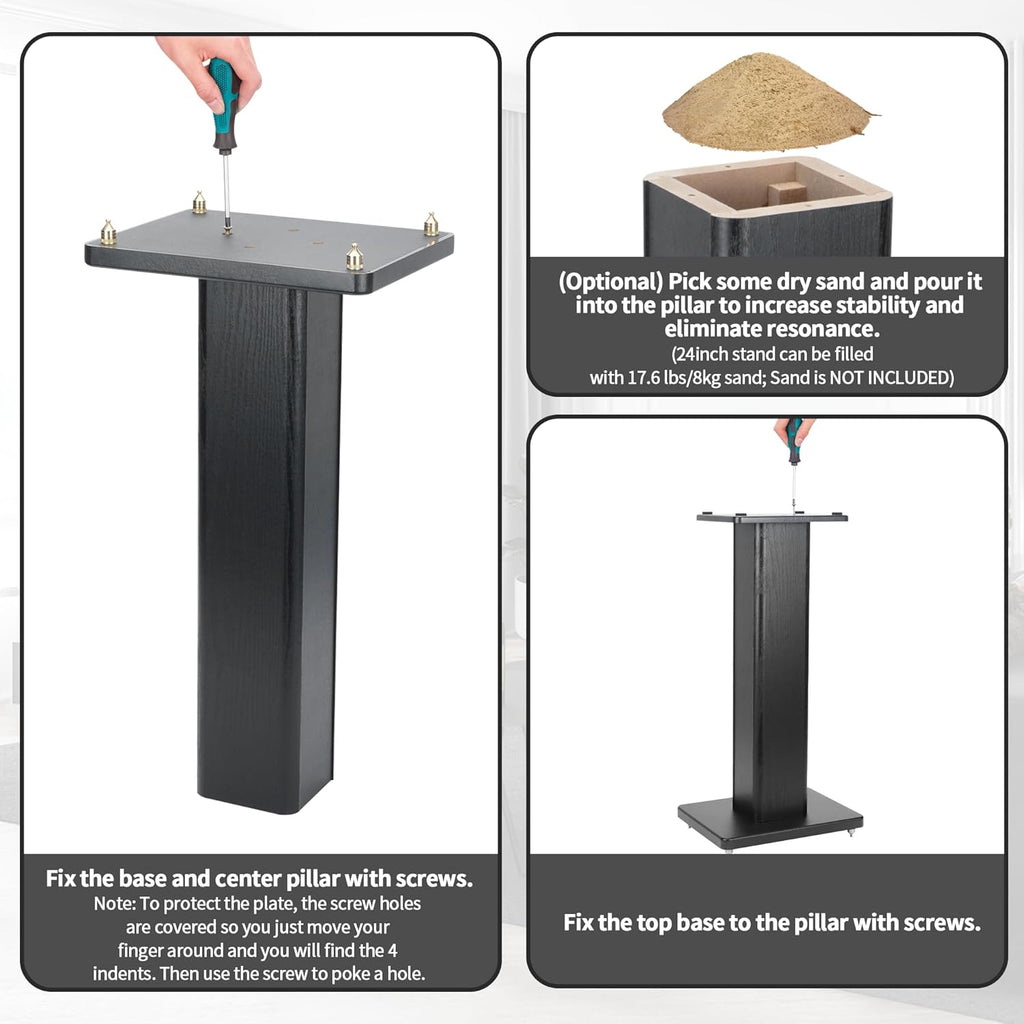 24 Inch Speaker Stands Wood Grain Universal Floor Speaker Stands Pair Heavy Duty Surround Sound Speaker Monitor Stand for Home Theater with Sand Filling Tuning Function - Black