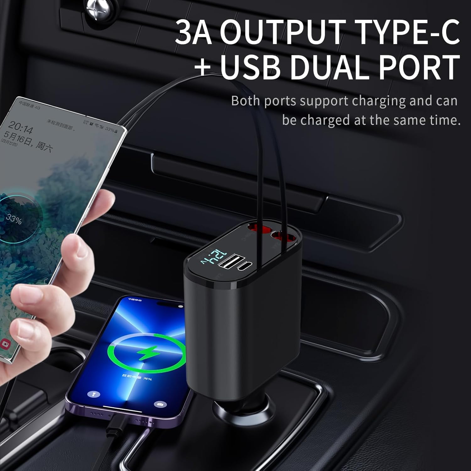 Retractable Car Charger Compatible with Galaxy Pixel, 4 in 1 Fast Charging Car Charger 60W, Double Type C Retractable Cable and 2 USB Ports