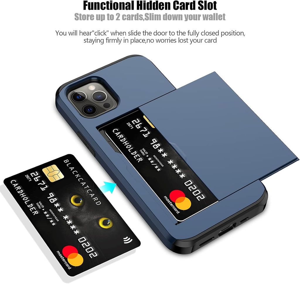 Nvollnoe for iPhone 12/iPhone 12 Pro Case with Card Holder Heavy Duty Protective Dual Layer Shockproof Hidden Card Slot Slim Wallet Case for iPhone 12/12 Pro for Men&Women(Blue)