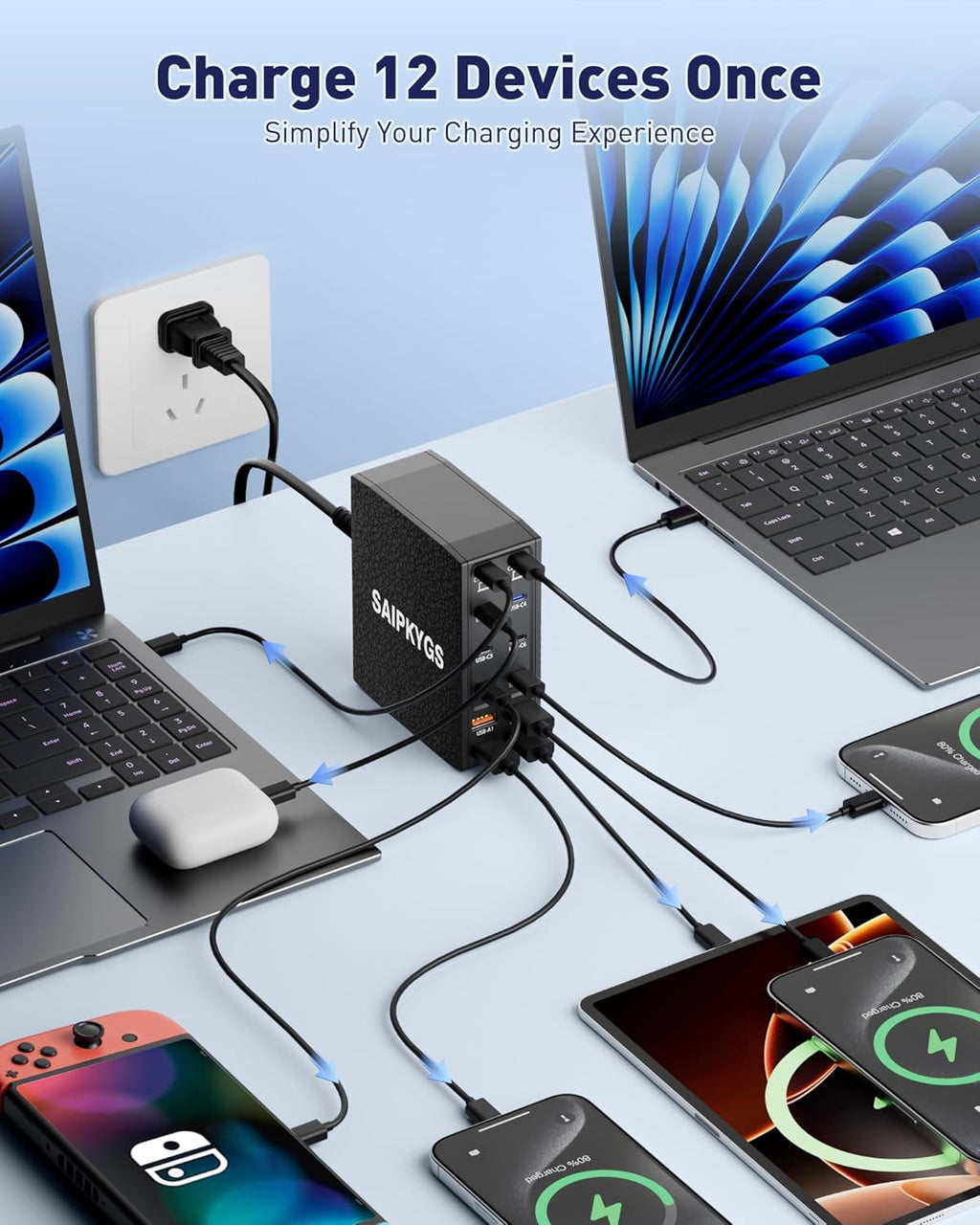 Charging Station (600W),12-Port USB C Charger Block with Dual 100W PD USB-C Fast Charging Station Hub for MacBook Pro/Air/All iPad iPhone 17/16 15/14/13/Pro Max/Samsung Galaxy Note (Black)