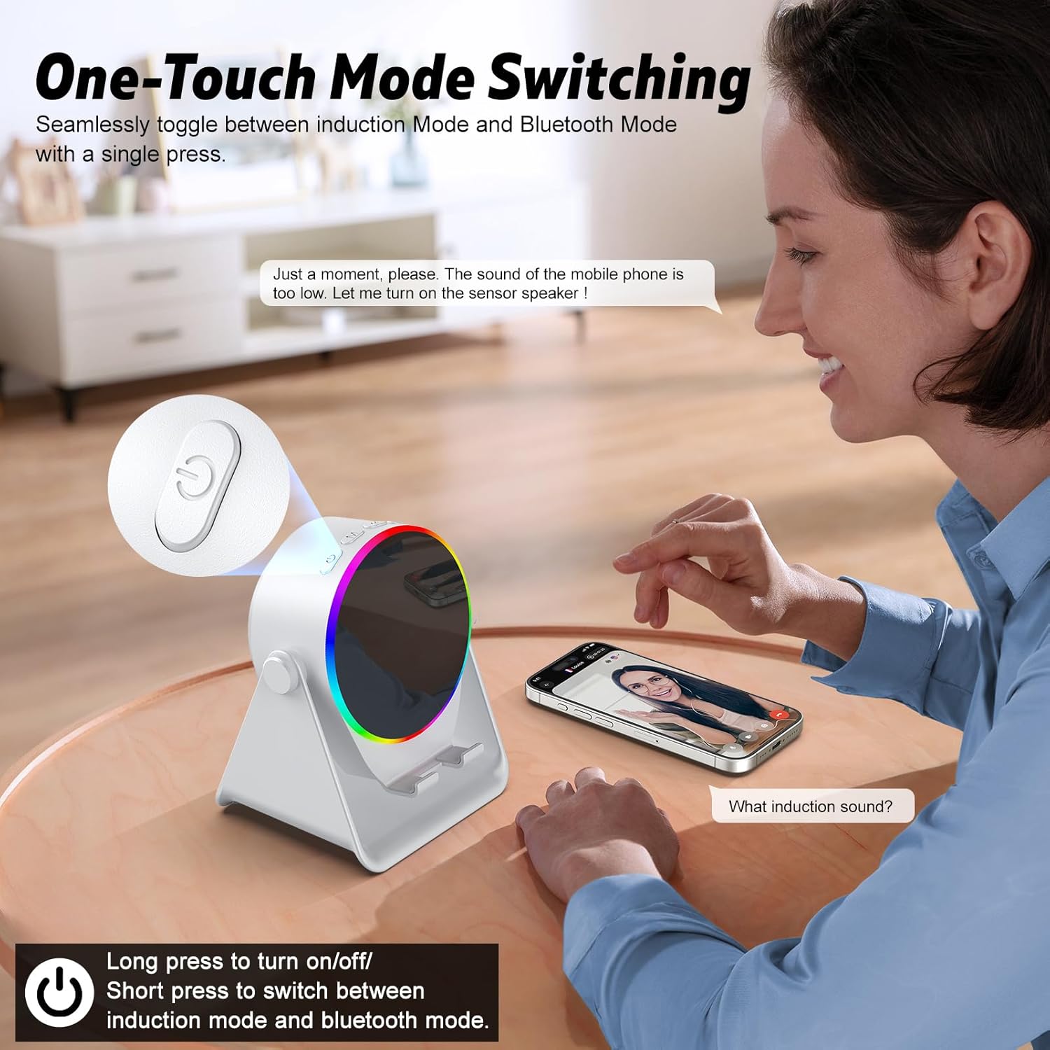 Wireless Induction Speaker, 4 in 1 Bluetooth Speaker Phone Stand with RGB Light, 360° Rotation Phone Holder Compatible with iPhone Android iPad Samsung Galaxy, Birthday Gift for Men Women