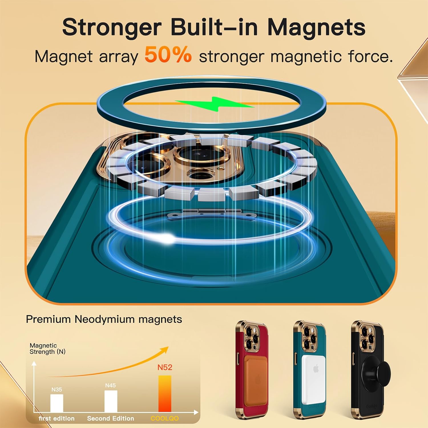 COOLQO for iPhone 14 Pro Case 6.1'' Upgraded 360° Spin Magnetic Stand [Compatible with Magsafe][Military Protection] Shockproof Protective Phone Holder Cover for iPhone 14 Pro, Green Gold