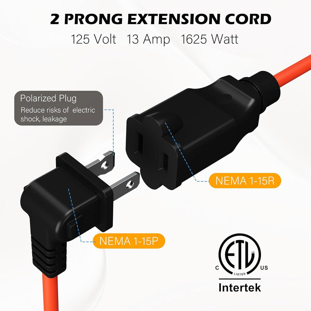 90 Degree 2 Prong Polarized Outdoor Power Extension Cord 125 FT, Angled Low-Profile Plug, 16 Gauge 125V SJTW Waterproof Long Cable for Home Office Lawnmower Garden Tools Lights, ETL+Ties-Bright Orange