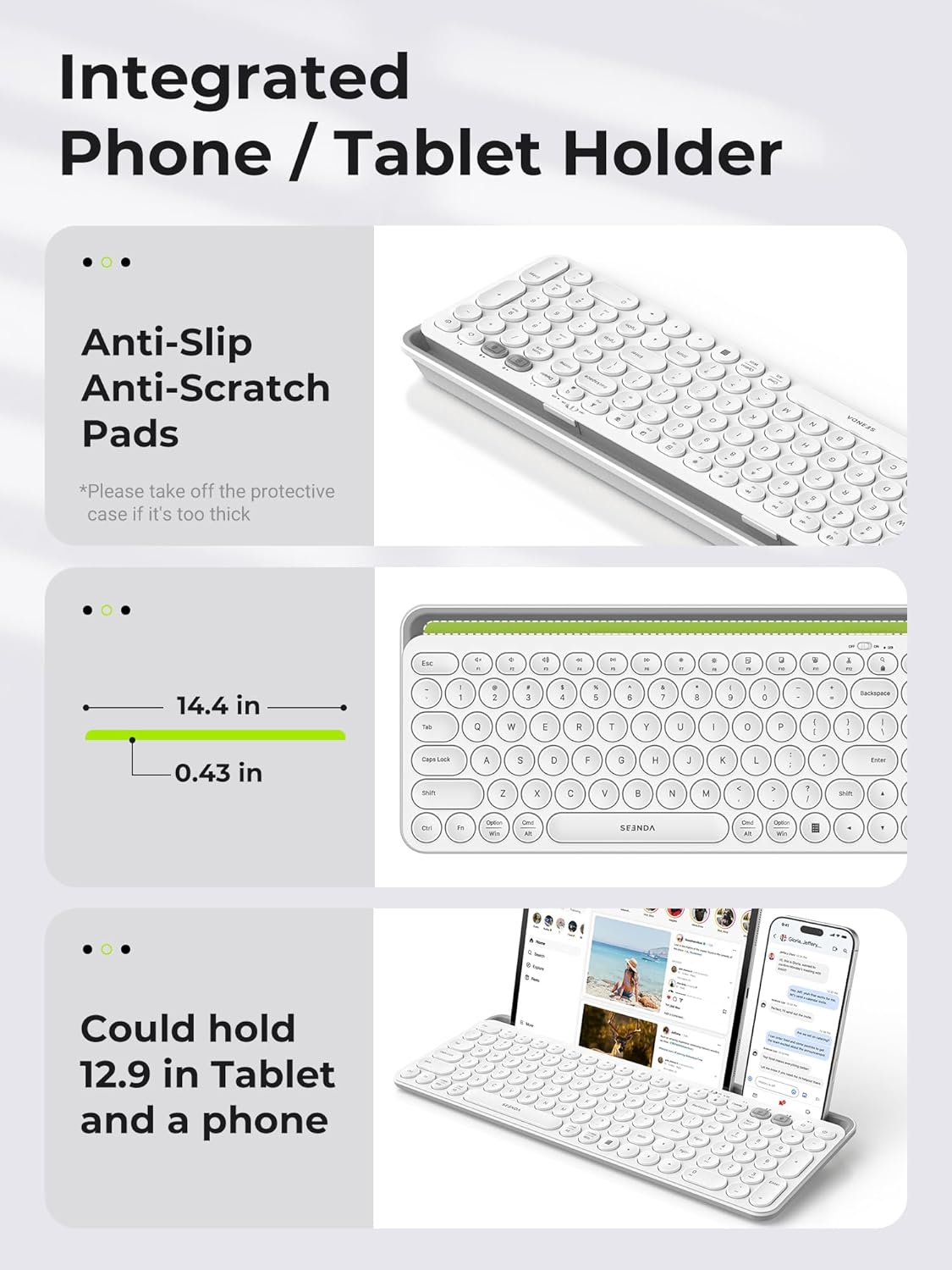 seenda Bluetooth Keyboard and Mouse for iPad, CTU-301 Multi-Device Bluetooth + 2.4G Wireless Keyboard Mouse with Tablet Holder for MacBook/Windows Computer, iOS/Andriod Tablet Phone, White