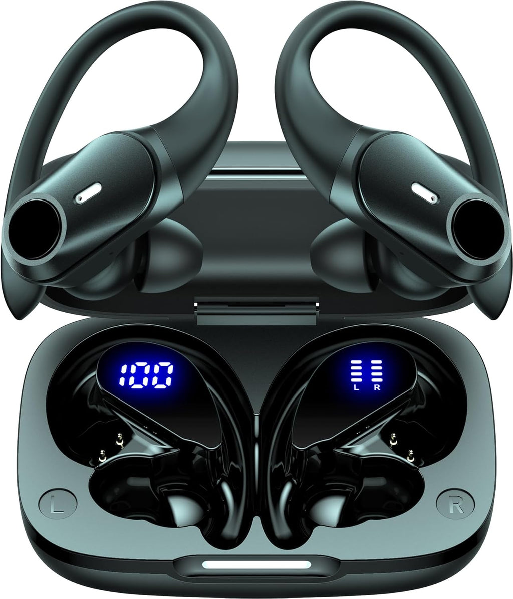GOLREX Active Noise Cancelling Ear Buds Wireless Earbuds Bluetooth Headphones with 80H Playtime LED Display Wireless Charging Case, Over-Ear Hooks Earbud for Sports Running Gym Workout Black