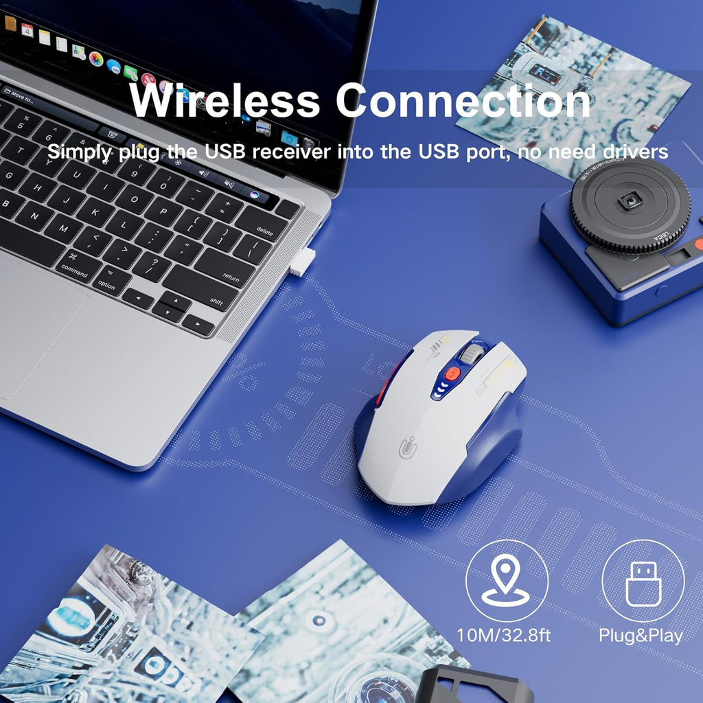 Wireless Mouse, [Upgraded] Visible Battery Display，Rechargeable Laptop Mouse Wireless 2.4G USB, 4 Adjustable DPI Levels,Optical Mouse Wireless for Laptop PC Computer,White and Blue