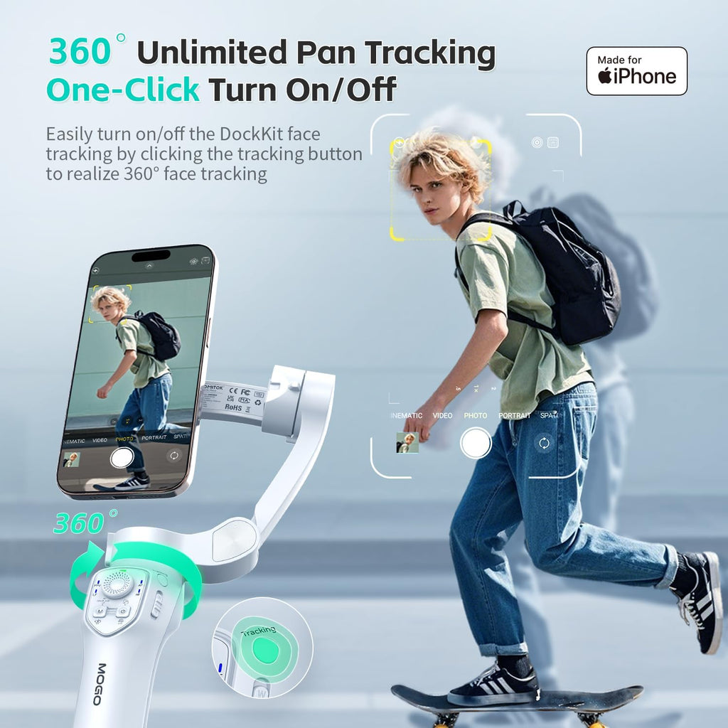 MOGO Only for iPhone, Gimbal Stabilizer for iPhone, [Apple MFi Certified] Cell Phone Gimbal Stabilizer with 360 Degree Tracking for Video Recording, NFC Pair and Magnetic for iPhone 16 Pro Max