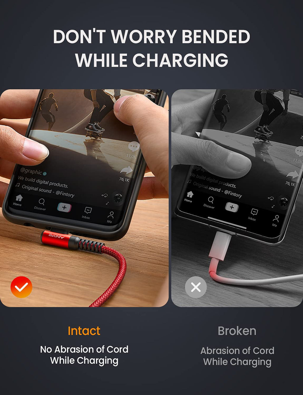 AINOPE 2-Pack USB C Cord 3.1A Fast Charge, [6.6ft+6.6ft] Type C Charging Cable Right Angle, Resistant Nylon Braided USB to USB C Cable Compatible Galaxy S10 S9 S8 Plus S21, LG V30,V20,G6