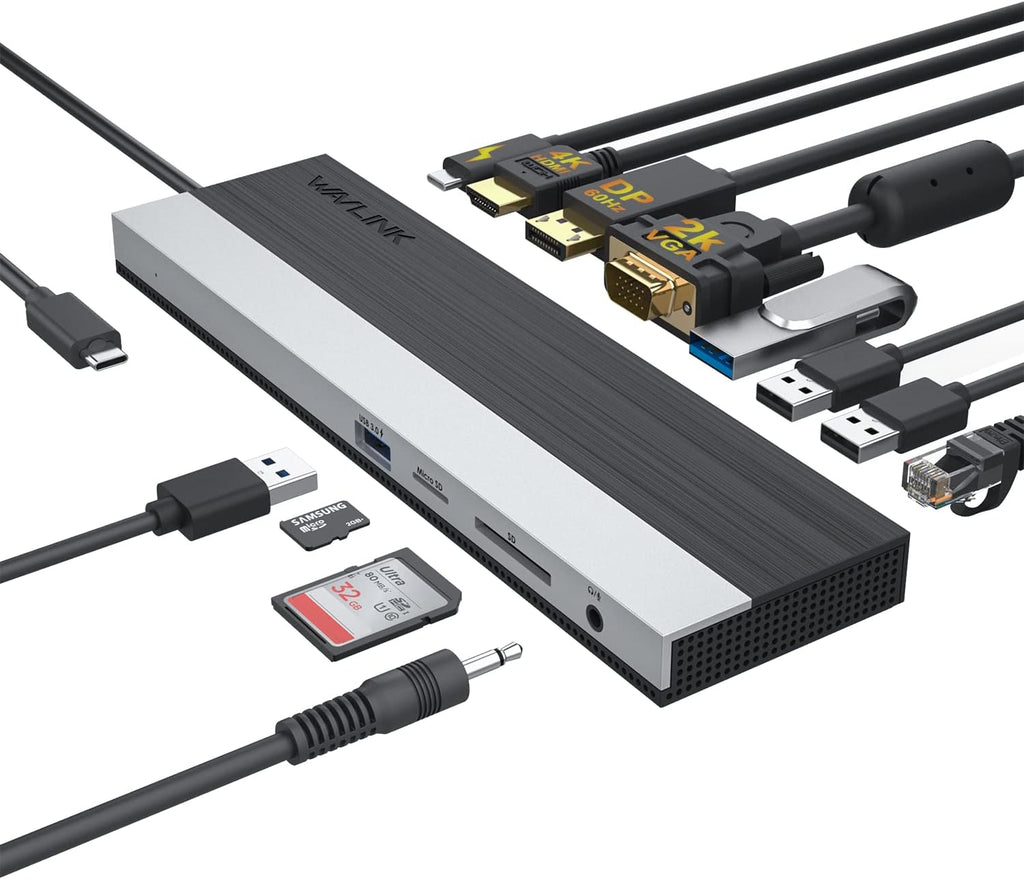 WAVLINK 12-in-1 USB C Docking Station, Triple Display Type C Hub Multiport Adapter with HDMI, DisplayPort, VGA, Ethernet, USB-C 100W PD3.0 Charging, USB3.0, USB2.0, SD/TF Card Reader, Audio- UMD03