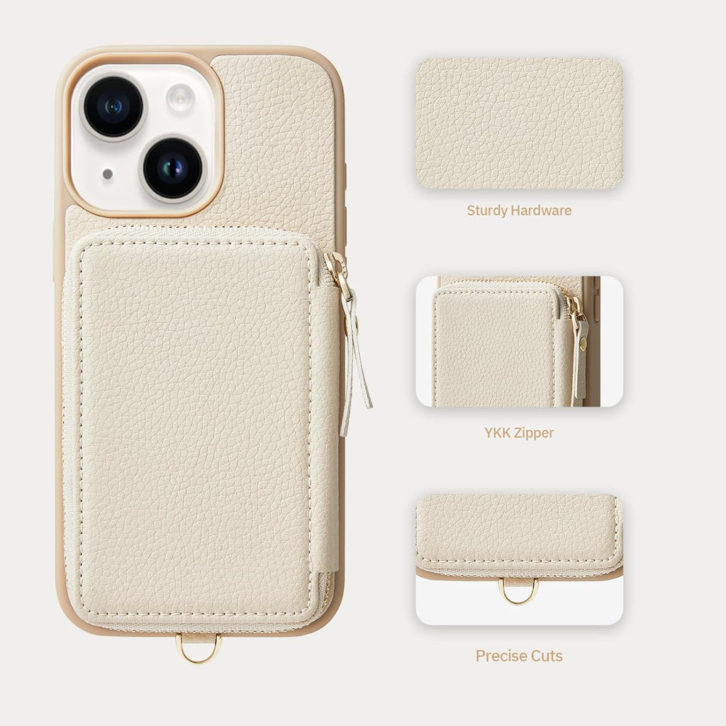 ZVE Wallet Case for iPhone 15, Phone Case with Card Holder Wrist Strap Compatible iPhone 15, RFID Blocking Zipper Leather Gift Cover for Women for iPhone 15, 6.1"(2023) - Beige