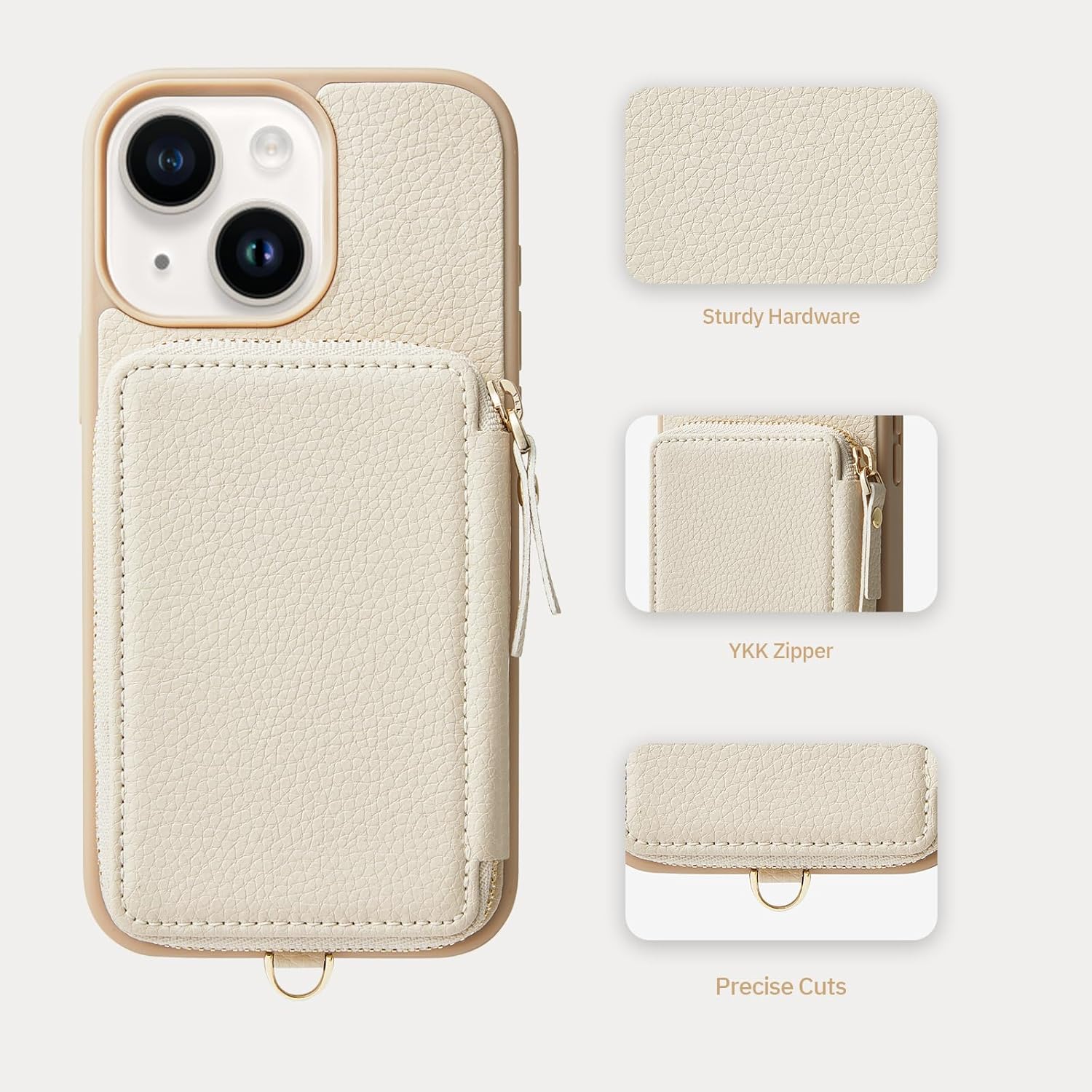 ZVE Wallet Case for iPhone 15, Phone Case with Card Holder Wrist Strap Compatible iPhone 15, RFID Blocking Zipper Leather Gift Cover for Women for iPhone 15, 6.1"(2023) - Beige