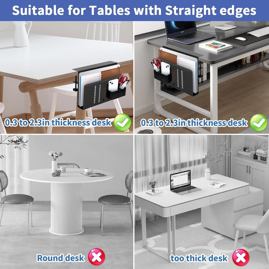 Desk Side Storage, Desk Laptop Holder with Anti-Scratch Pad & Magnetic Pen Holder, No Drill Hanging Table Organizer for Office and Home Fits Flat Edge 0.3" to 2.3"
