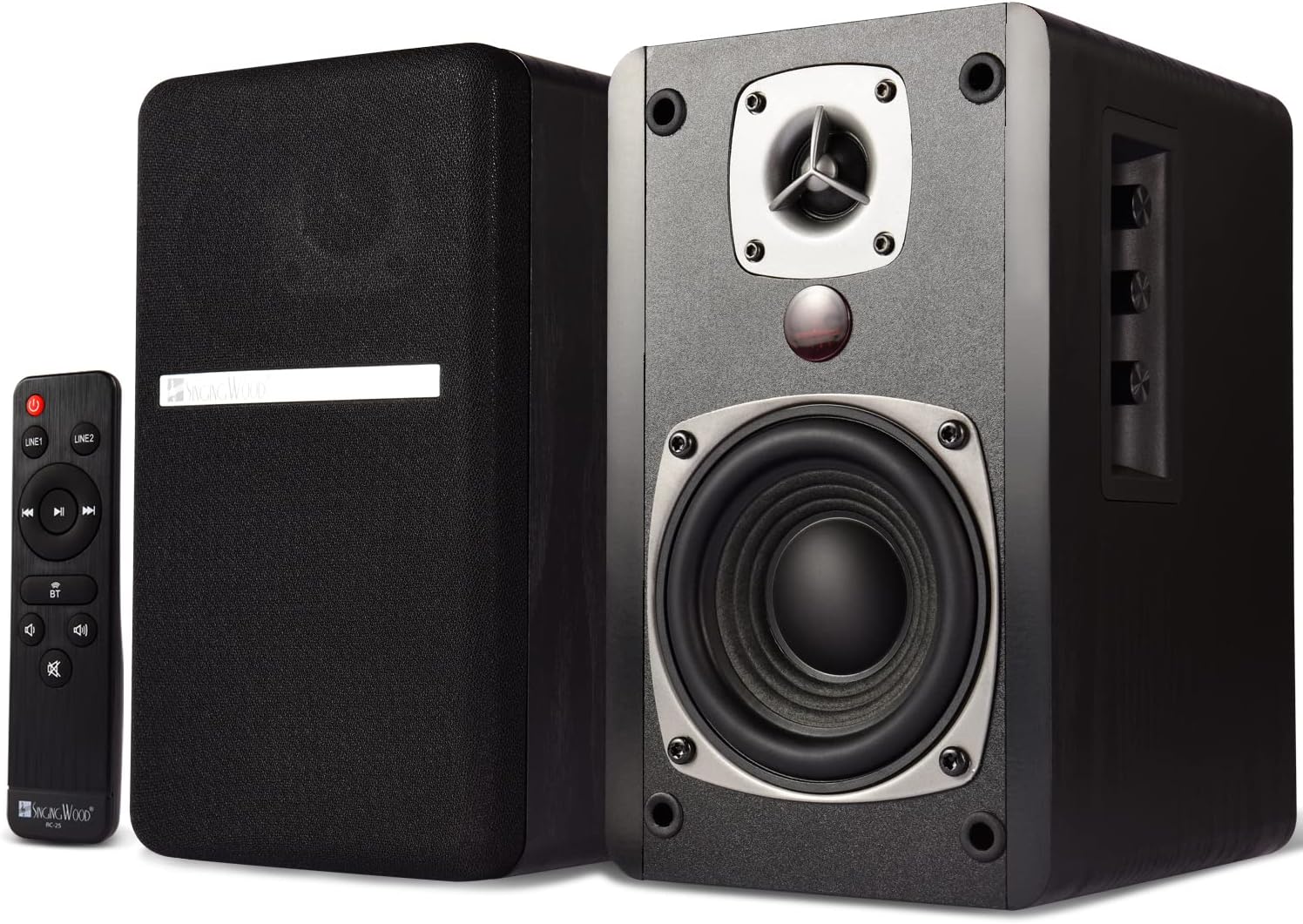 SINGING WOOD BT27 Active Powered Bluetooth Bookshelf Speakers for Studio Monitor TV Turntable Computer- 60 Watts RMS - Wood Grain Finish (Black)